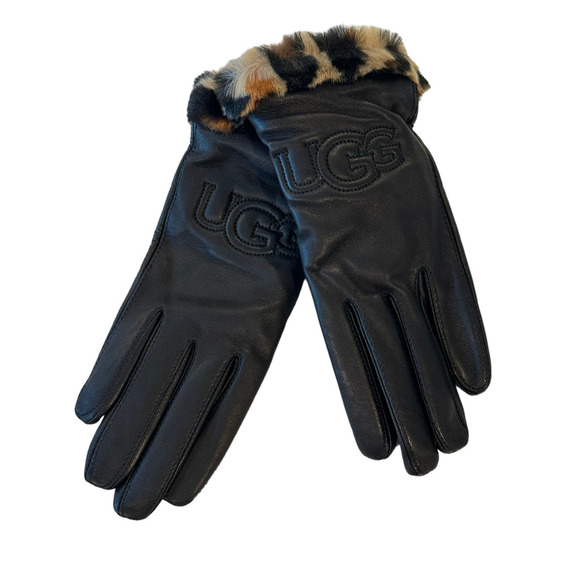 UGG Logo Leather & Faux Fur Cuff Gloves Small BLACK LEOPARD - Picture 2 of 11